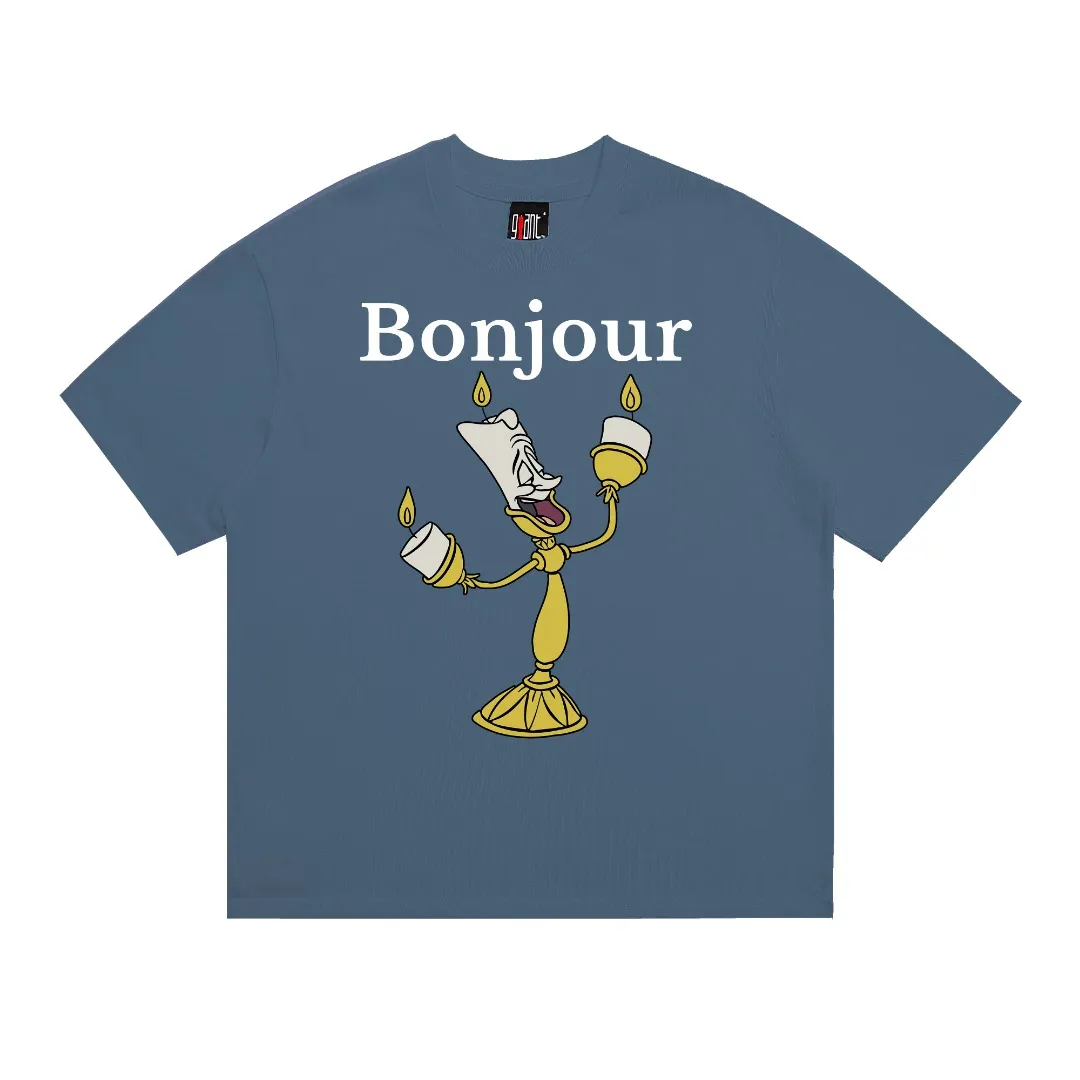 Saint michael 25AW Disney co-branded small candle retro printed distressed loose round neck short-sleeved T-shirt with digital white ink direct printing, breathable fabric and clear three-dimensional pattern. Fabric: Double yarn 240g Style number: S931 Size: S-M-L-XL Color: Blue Price: P110